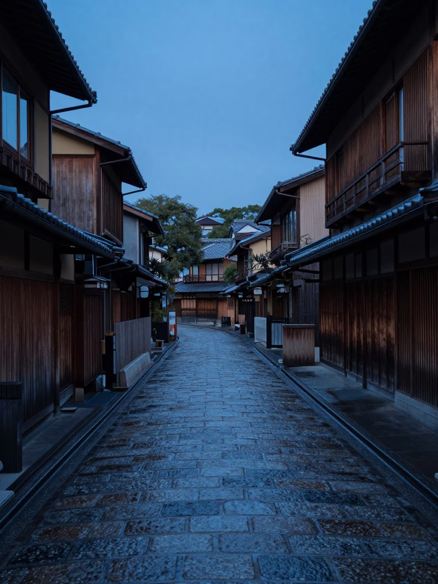 Pre-dawn Kyoto street scene with quiet alleyway and traditional wooden architecture in in Kyoto, Japan