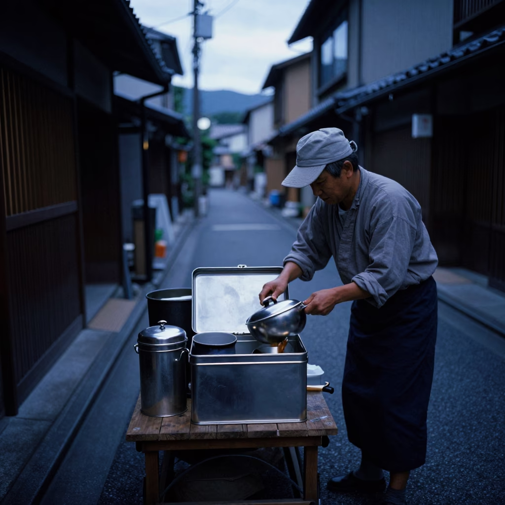 Pre-dawn Kyoto street scene with tiffin tin and saucepan near traditional architecture in in Kyoto, Japan