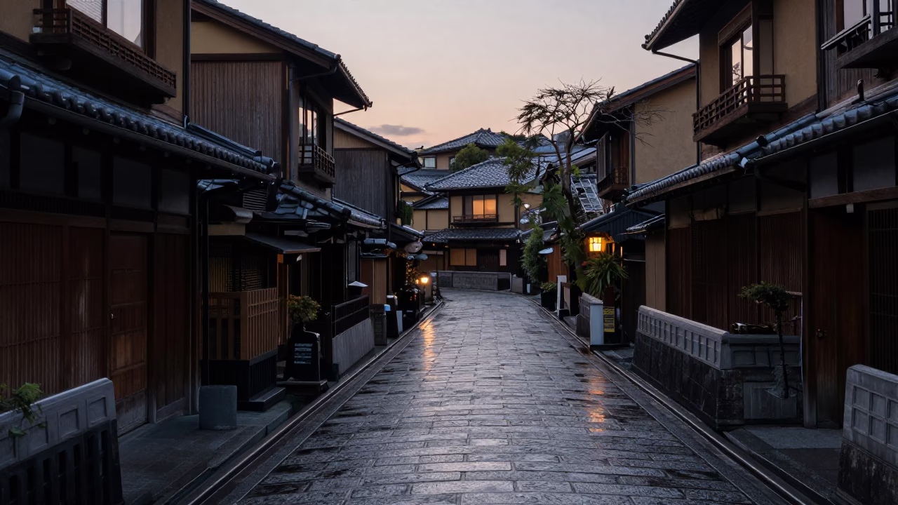 Pre-dawn Kyoto street scene with traditional architecture and quiet urban stillness in in Kyoto, Japan