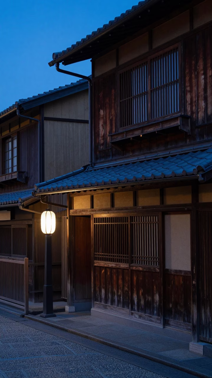 Pre-dawn Kyoto street scene with traditional wooden storefronts and quiet early morning ambiance in in Kyoto, Japan