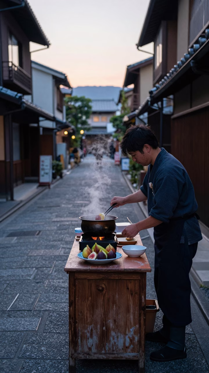 Pre-dawn Kyoto street scene with vendor preparing breakfast and figs on wooden counter in in Kyoto, Japan