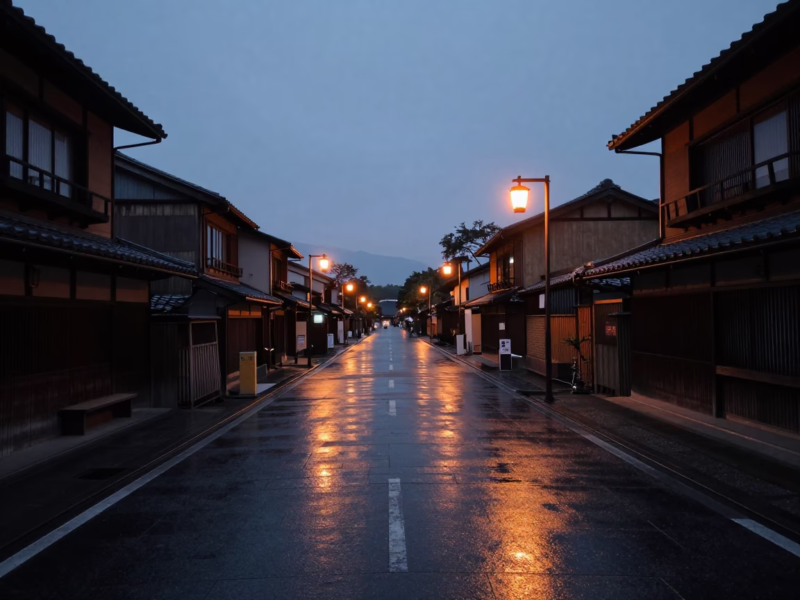 Pre-dawn Kyoto street scene with wet pavement reflections and distant sodium lamp glow in in Kyoto, Japan