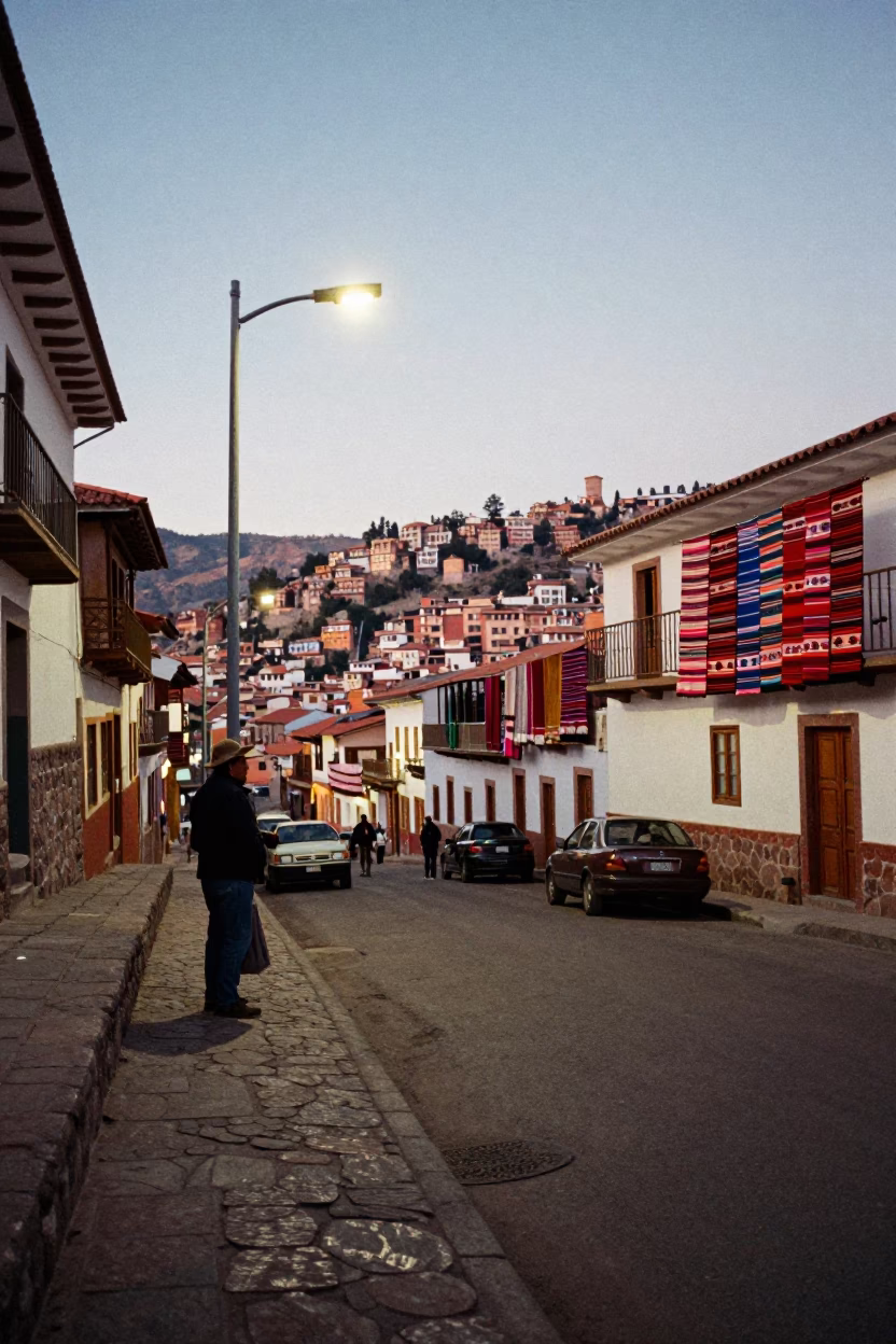 Pre-Dawn La Paz Bolivia Street Scene with Colorful Andean Textiles and Urban Architecture in in La Paz, Bolivia
