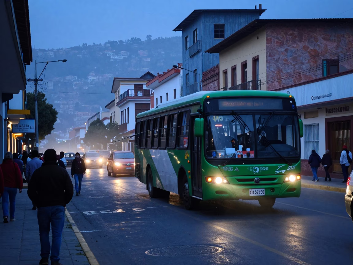 Pre-dawn La Paz Bolivia street scene with colorful bus and commuter waiting in in La Paz, Bolivia