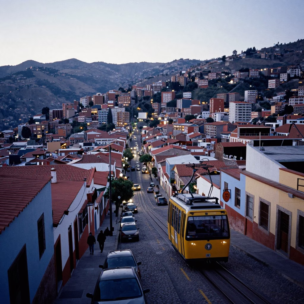 Pre-Dawn La Paz Bolivia Street Scene with Colorful Funicular and City Lights in in La Paz, Bolivia