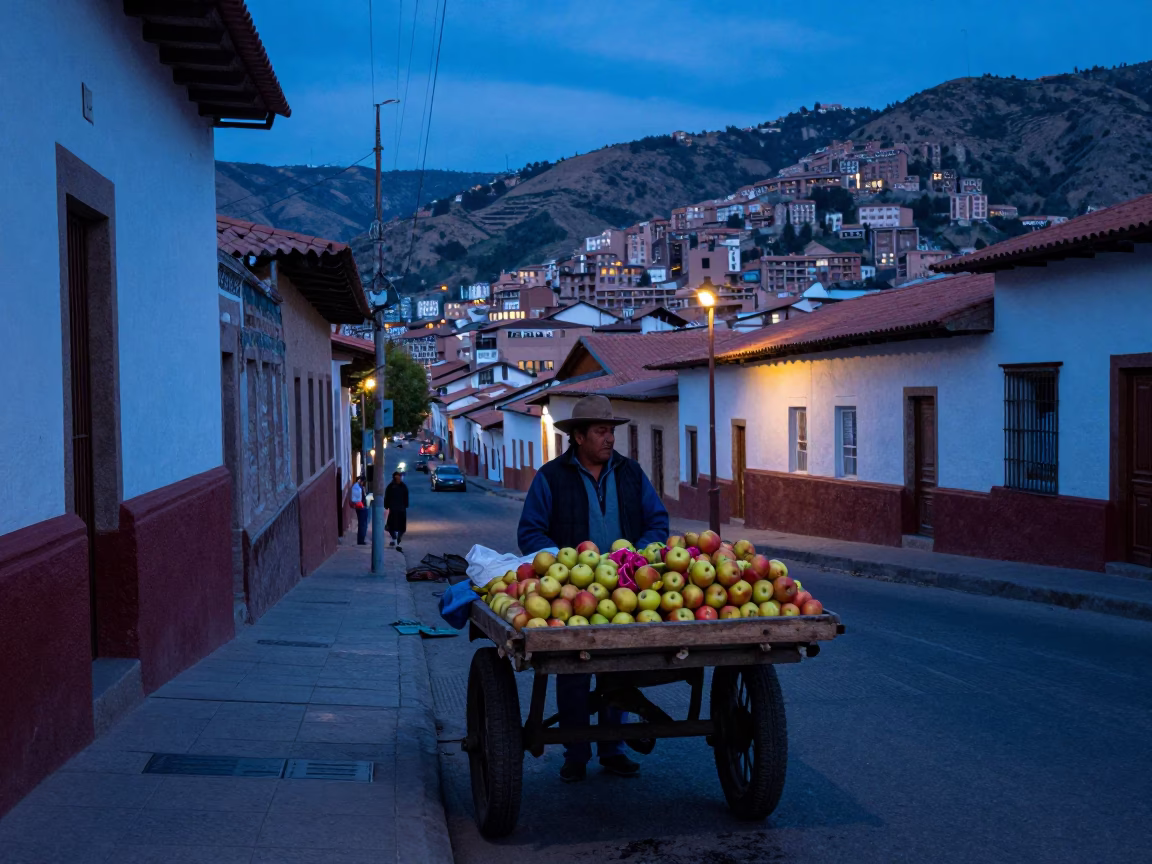 Pre-dawn La Paz Bolivia street scene with fruit vendor and quiet urban landscape in in La Paz, Bolivia