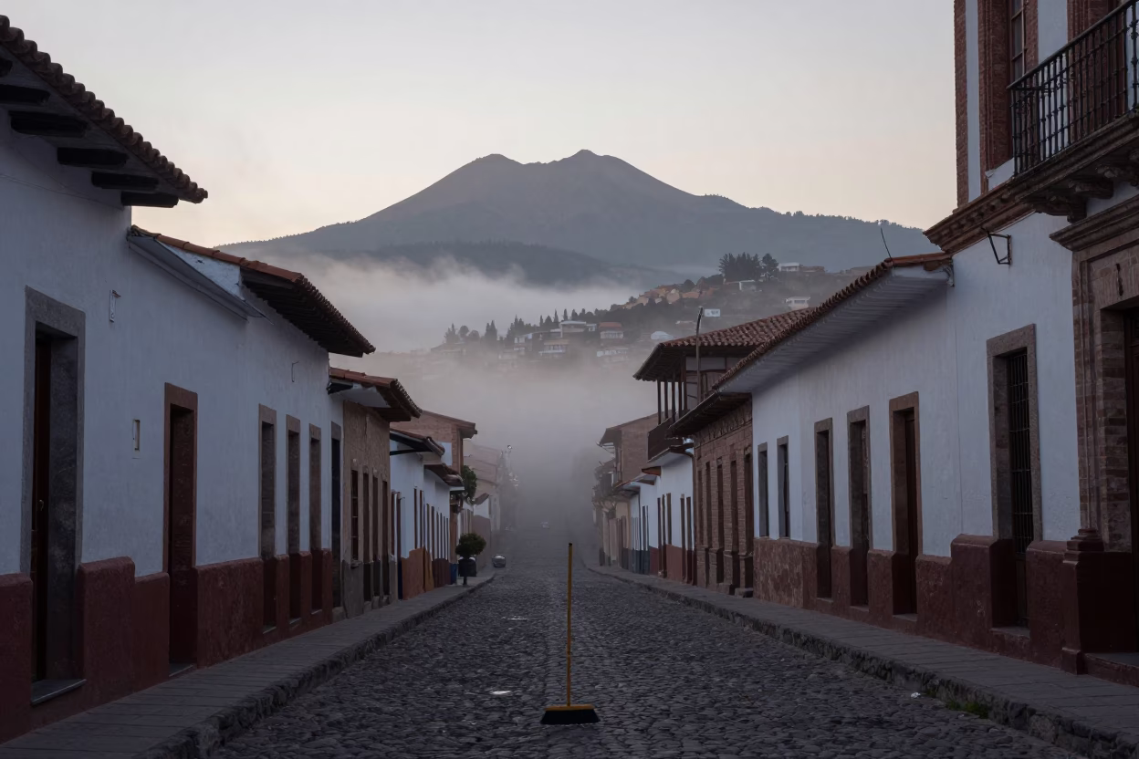 Pre-dawn La Paz Bolivia street scene with hand broom and misty bridge pier in in La Paz, Bolivia