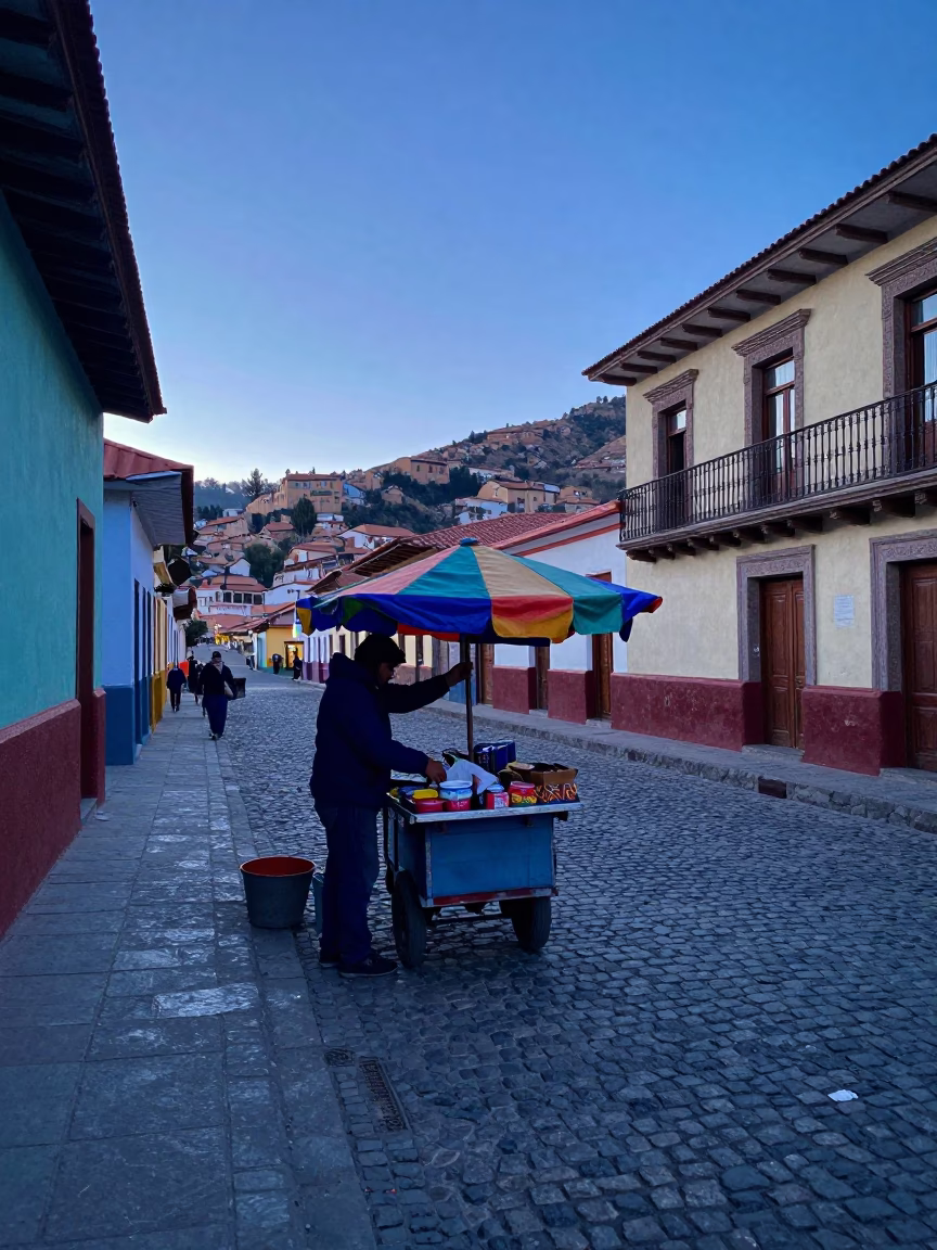 Pre-dawn La Paz Bolivia street scene with local vendor and colorful market stalls in in La Paz, Bolivia
