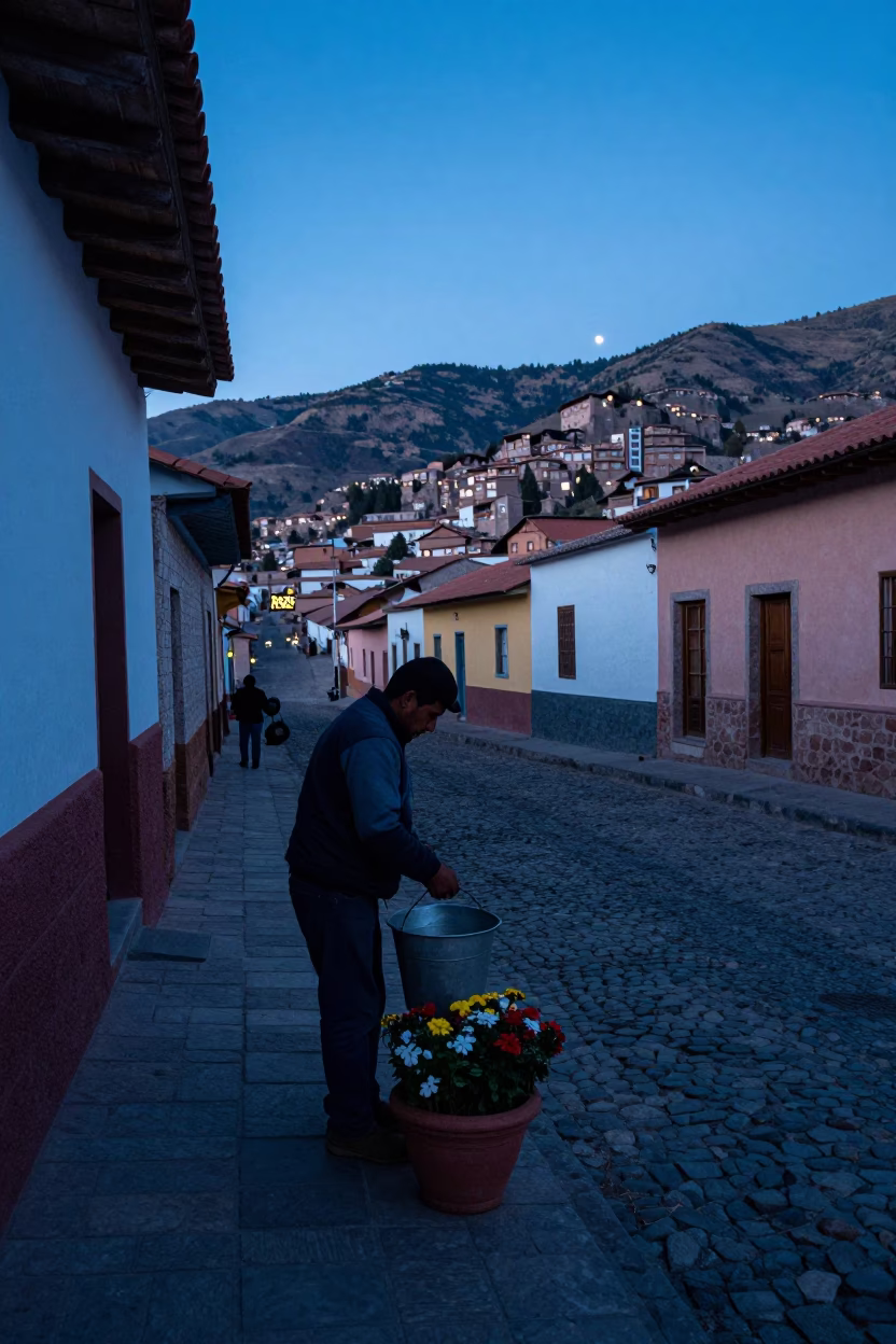 Pre-dawn La Paz Bolivia street scene with metal bucket and flowerpot on cobblestone in in La Paz, Bolivia