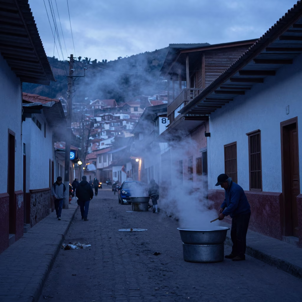 Pre-dawn La Paz Bolivia Street Scene with Steam Haze and Local Morning Routine in in La Paz, Bolivia