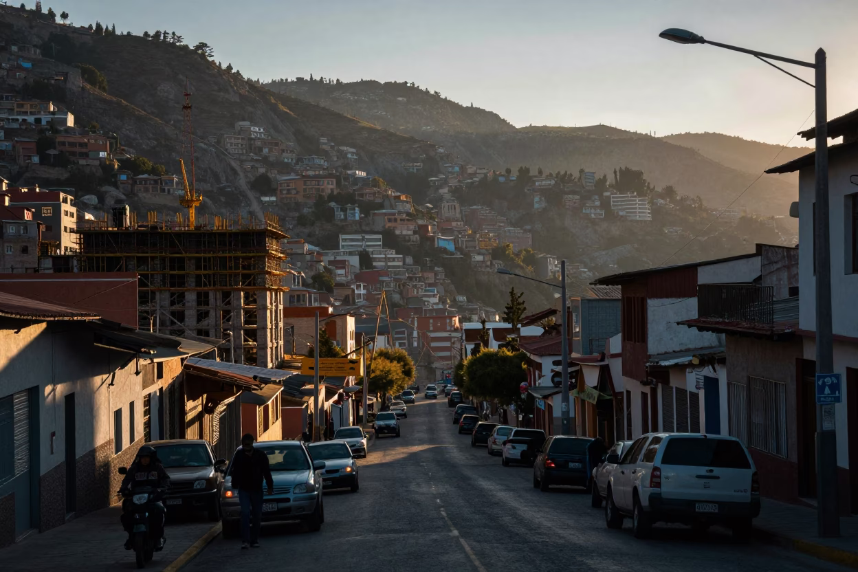 Pre-Dawn La Paz Street Scene with Construction Site and Local Market Activity in in La Paz, Bolivia