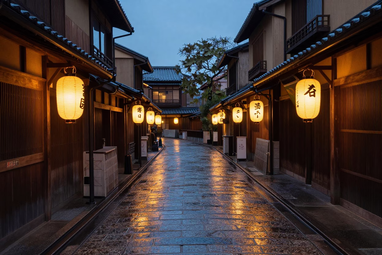 Pre-Dawn Lantern Alley in Historic Kyoto Japan Street Photography in in Kyoto, Japan