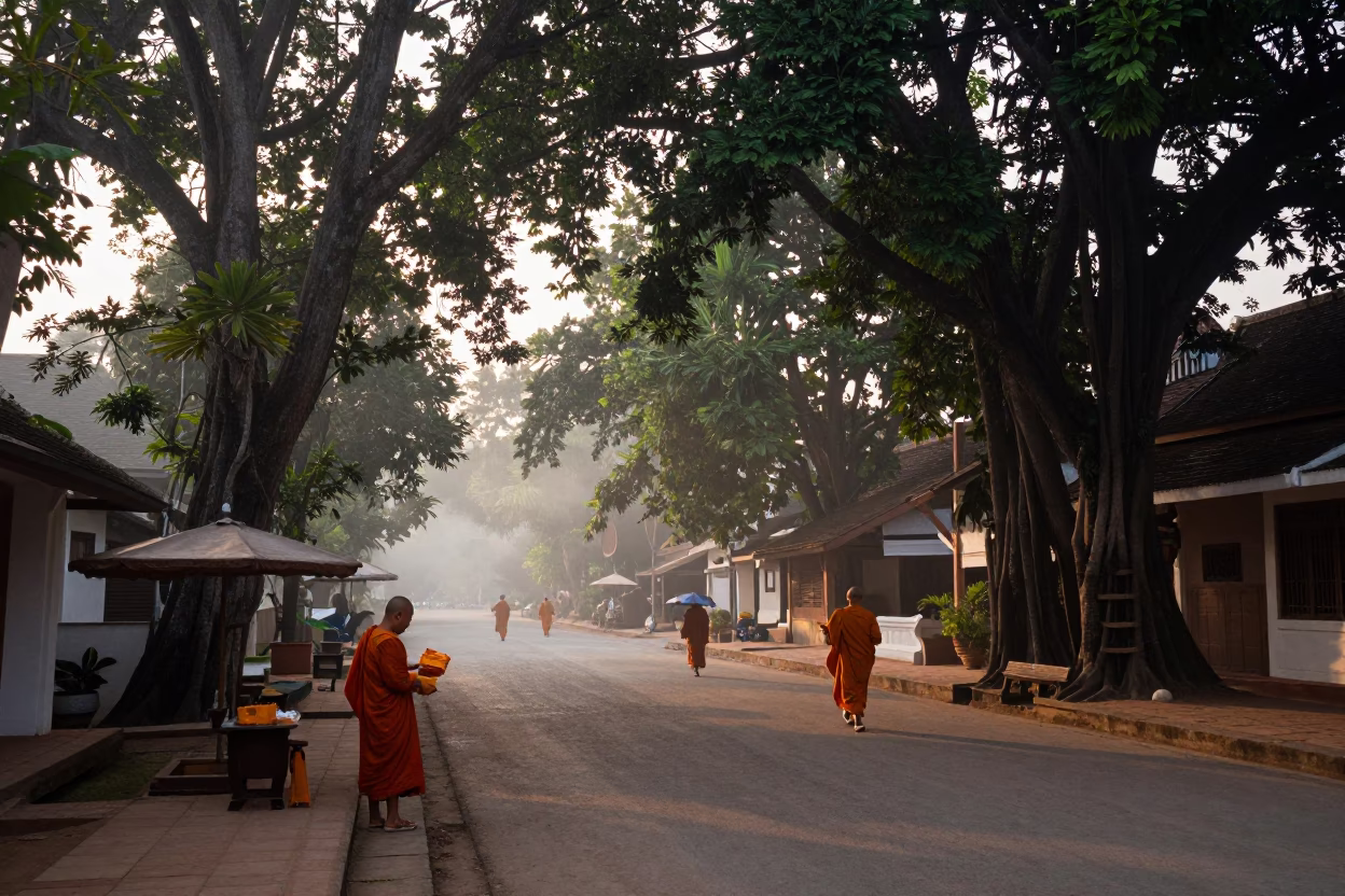 Pre-Dawn Light in Luang Prabang Laos Morning Street Scene with Monk Alms in in Luang Prabang, Laos