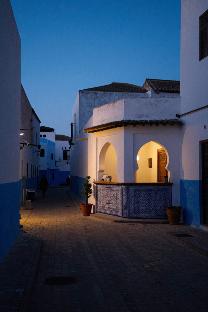 Pre-dawn light on Essaouira medina streets with vintage Bakelite telephone at hotel reception in in Essaouira, Morocco