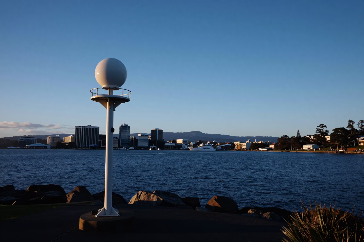 Pre-dawn light on Hobart waterfront with weather radar and harbor details in in Hobart, Tasmania, Australia