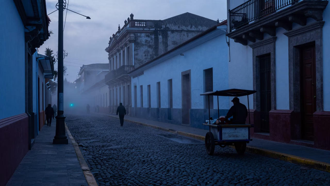 Pre-Dawn Lima Peru Street Scene with Steam Haze and Cobblestone Alley in in Lima, Peru