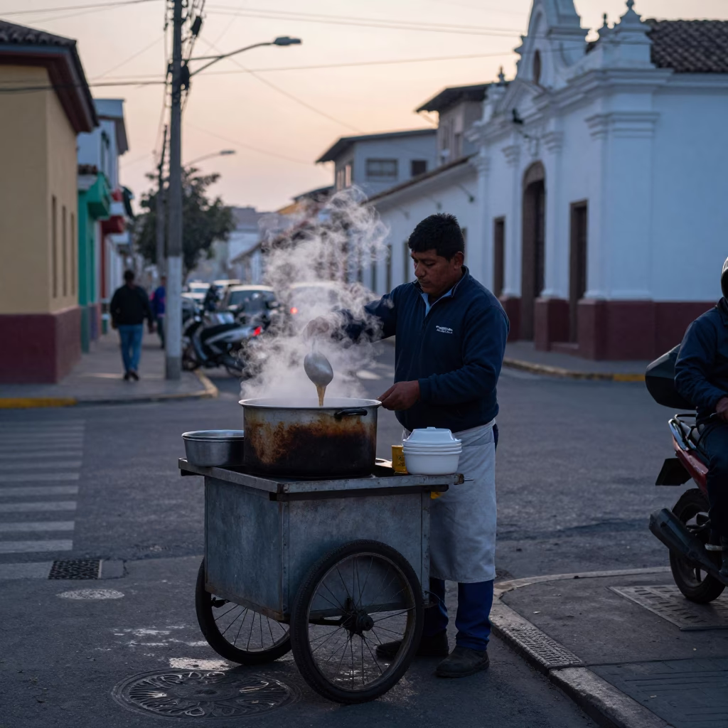 Pre-dawn Lima street scene with breakfast vendor and steaming soup bowl before sunrise in in Lima, Peru
