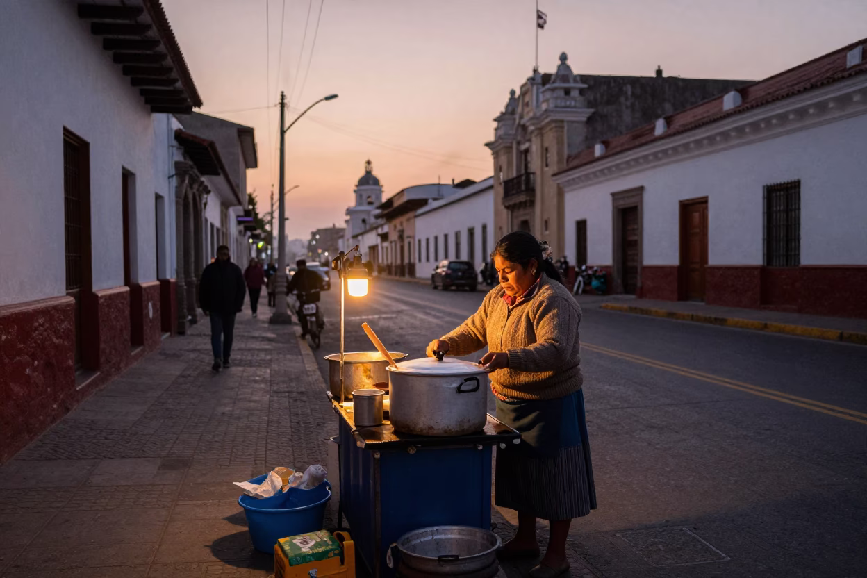 Pre-dawn Lima Street Scene with Local Vendor and Traditional Cooking Utensils in in Lima, Peru