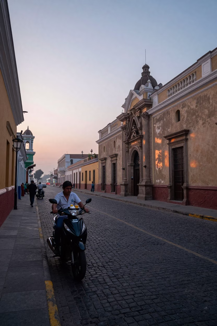 Pre-Dawn Lima Street Scene with Motorcycle and Traditional Breakfast Bowl in in Lima, Peru