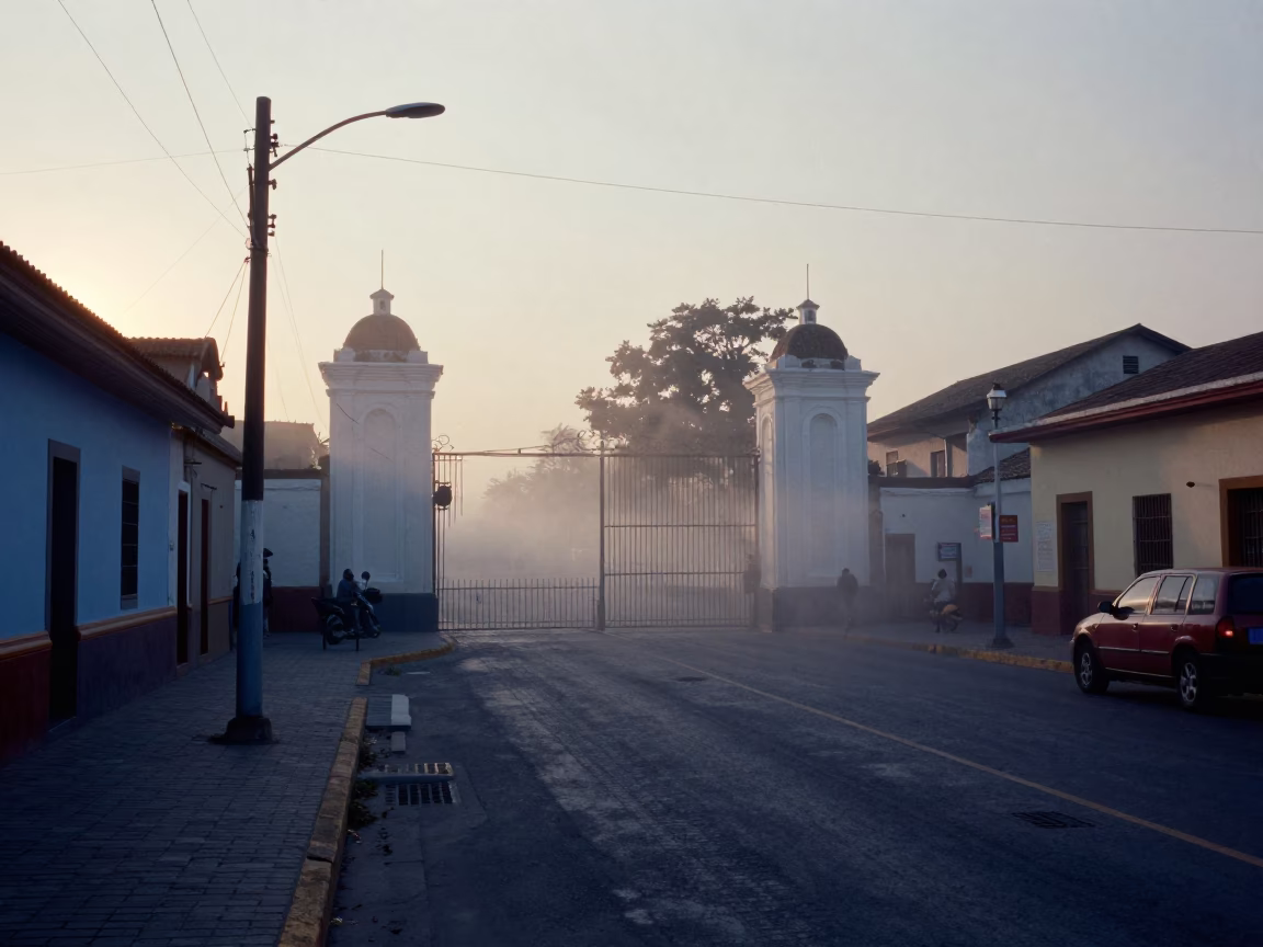 Pre-dawn Lima Street Scene with Steam Haze and Gate Handle in in Lima, Peru
