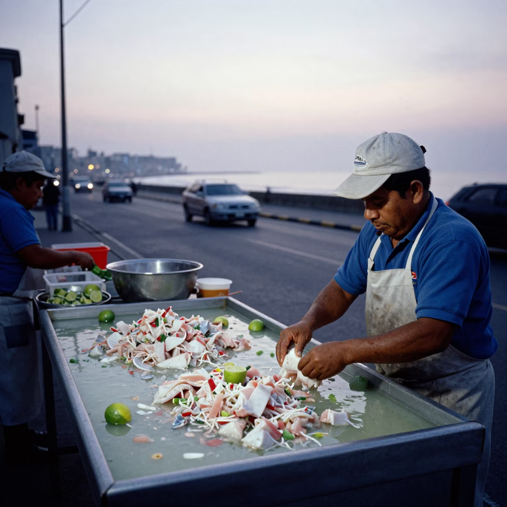 Pre-dawn Lima street scene with vendor preparing traditional ceviche in coastal Peru in in Lima, Peru