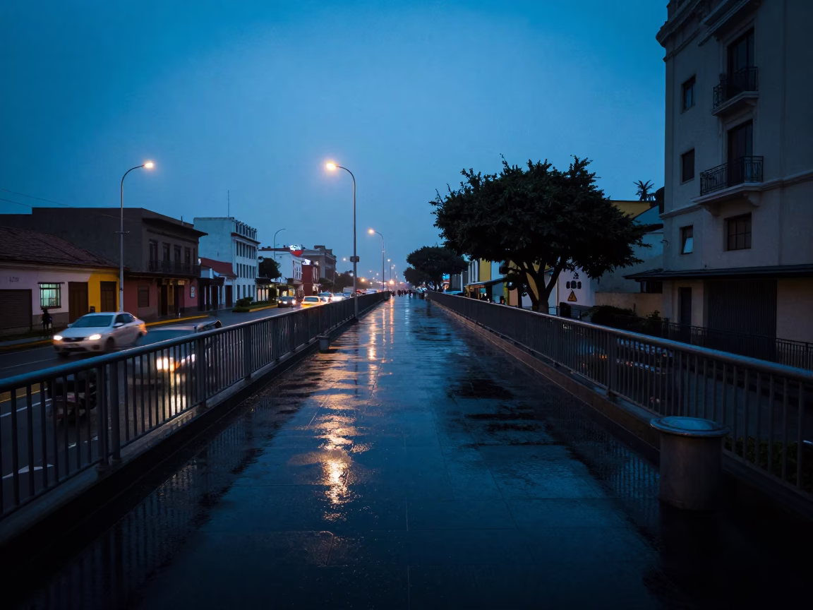 Pre-dawn Lima street scene with wet pedestrian overpass and condensation on metal latch in in Lima, Peru