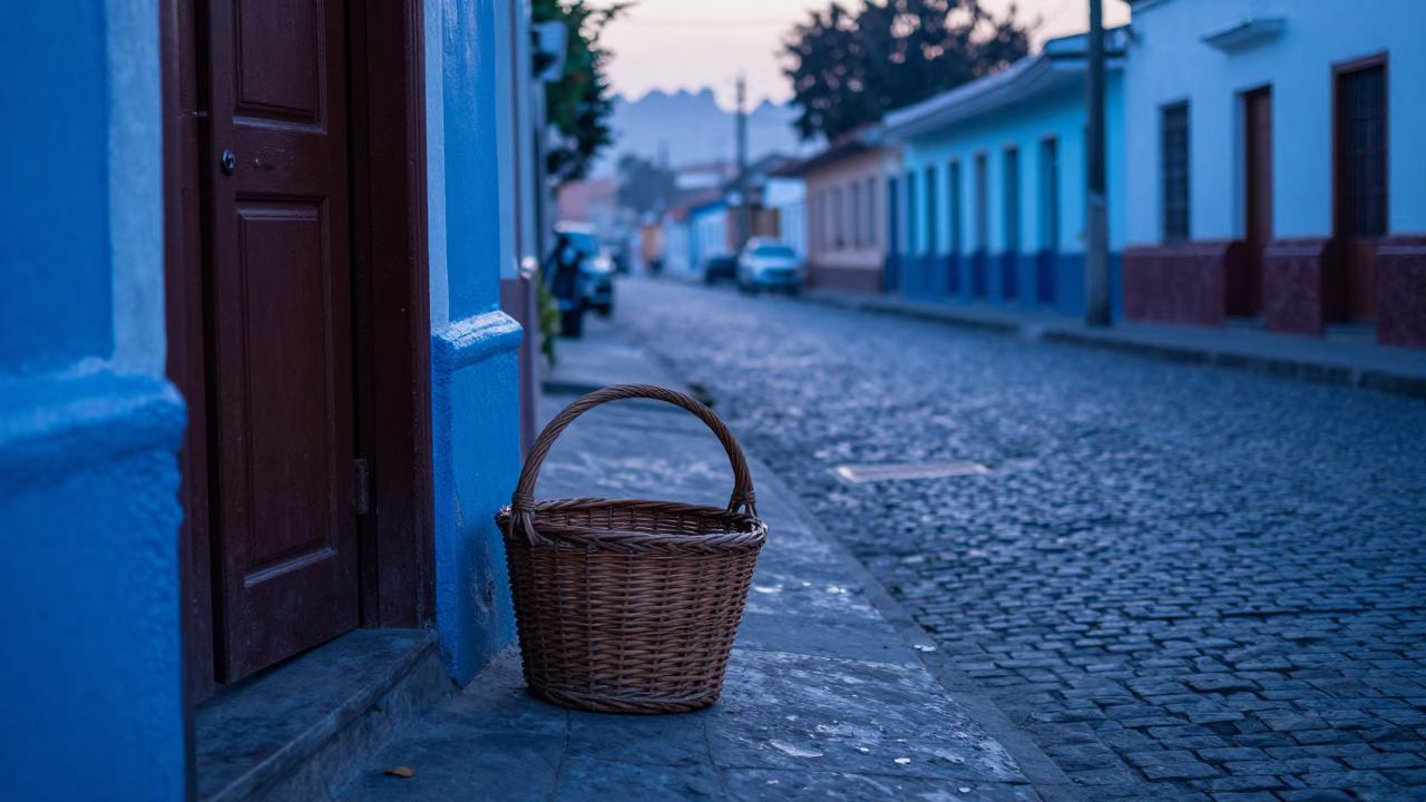 Pre-dawn Lima street scene with wicker basket and morning light in in Lima, Peru