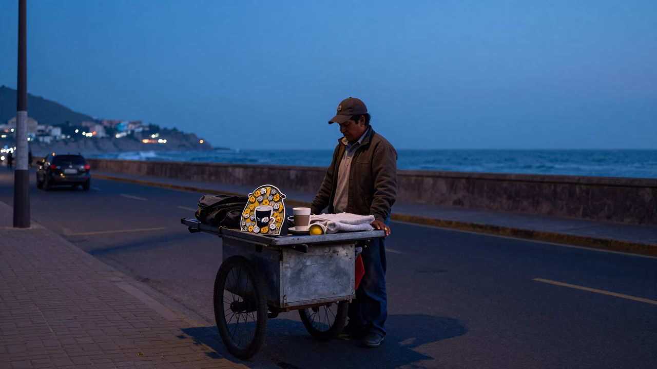 Pre-dawn Lima Street Vendor with Coffee and Vintage Pin Tin Container in in Lima, Peru