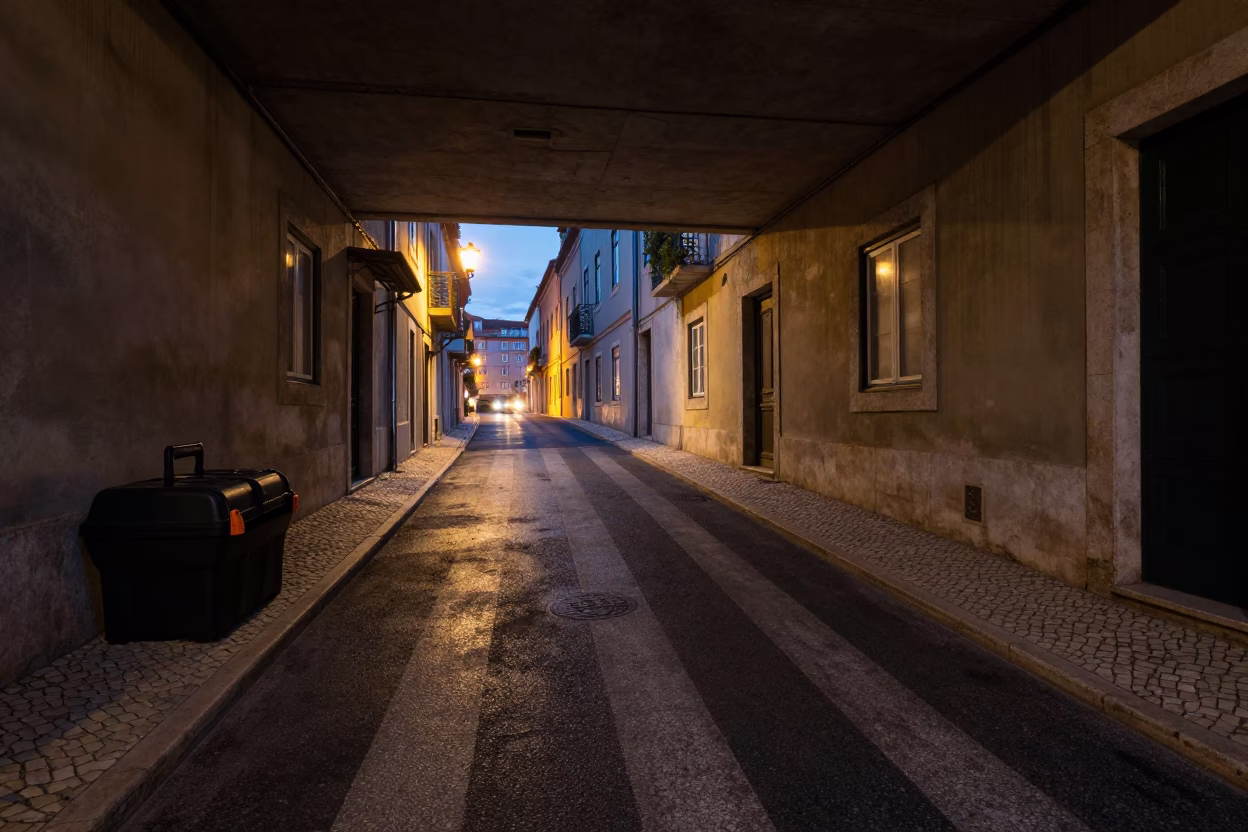 Pre-dawn Lisbon Alleyway with Toolbox and Window Light on Bucket Lip in in Lisbon, Portugal