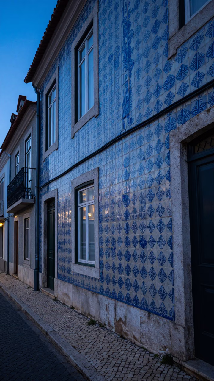 Pre-dawn Lisbon Street Scene with Blue Azulejo Tiles and Wet Cobblestones in in Lisbon, Portugal