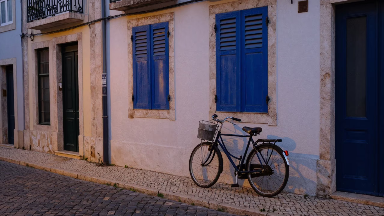 Pre-dawn Lisbon Street Scene with Blue Shutters and Vintage Bicycle in in Lisbon, Portugal