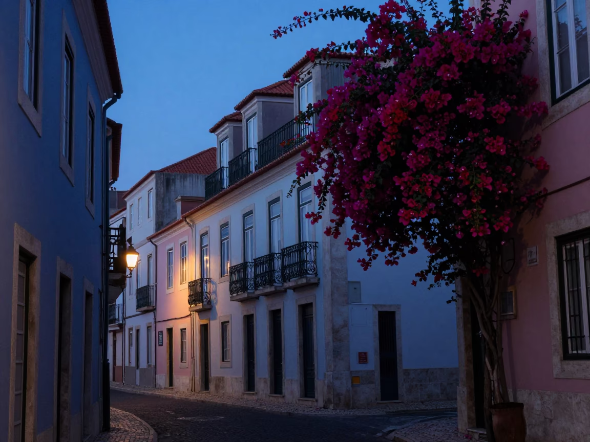 Pre-dawn Lisbon street scene with bougainvillea and traditional architecture in in Lisbon, Portugal