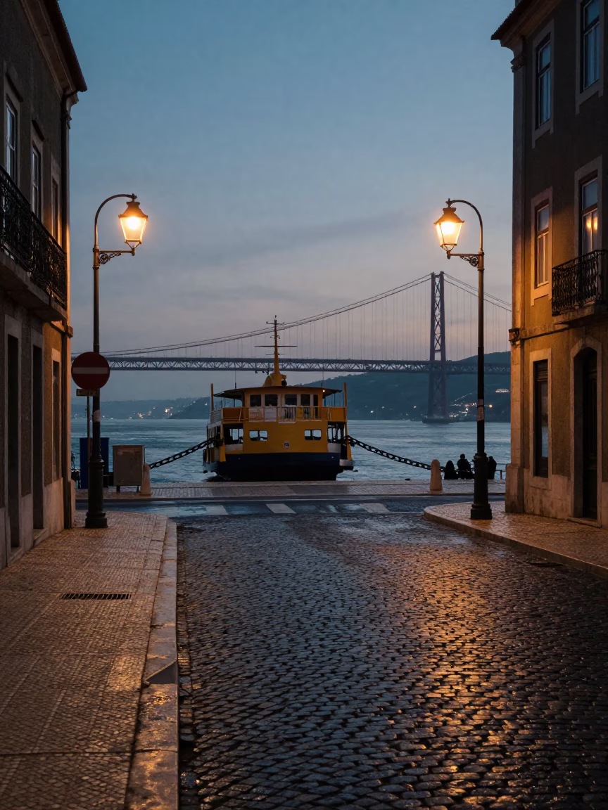 Pre-dawn Lisbon street scene with chain ferry crossing Tagus River and wet cobblestones in in Lisbon, Portugal