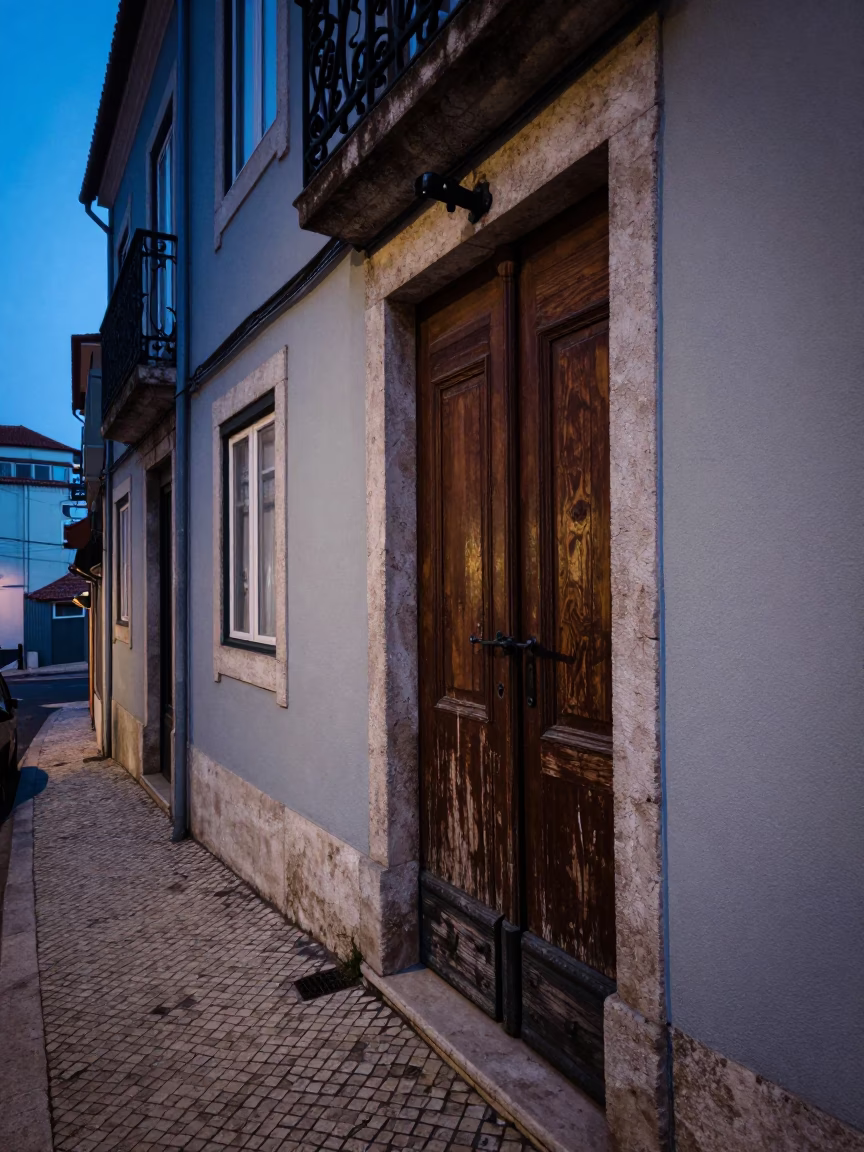 Pre-dawn Lisbon Street Scene with Iron Deadbolt and Fig Tree in in Lisbon, Portugal