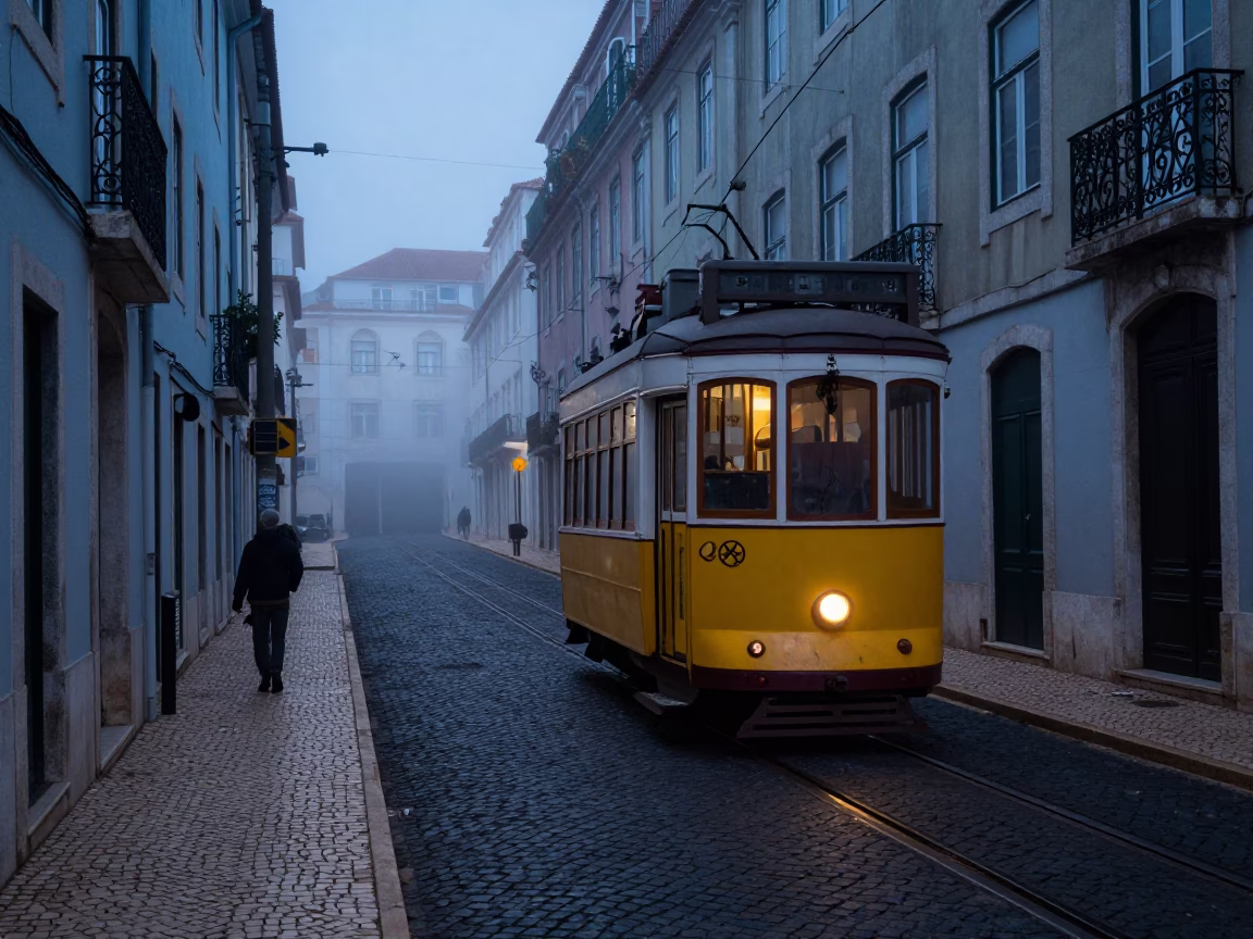 Pre-dawn Lisbon Street Scene with Morning Light and Local Details in in Lisbon, Portugal