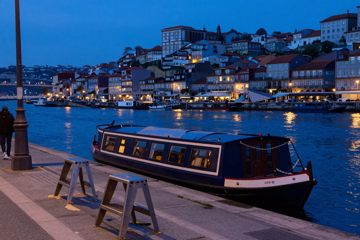 Pre-dawn Lisbon Street Scene with Narrowboat on Canal and Step Stools in in Lisbon, Portugal