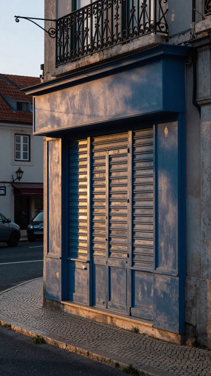 Pre-Dawn Lisbon Street Scene with Scuffed Painted Wood and Morning Light in in Lisbon, Portugal