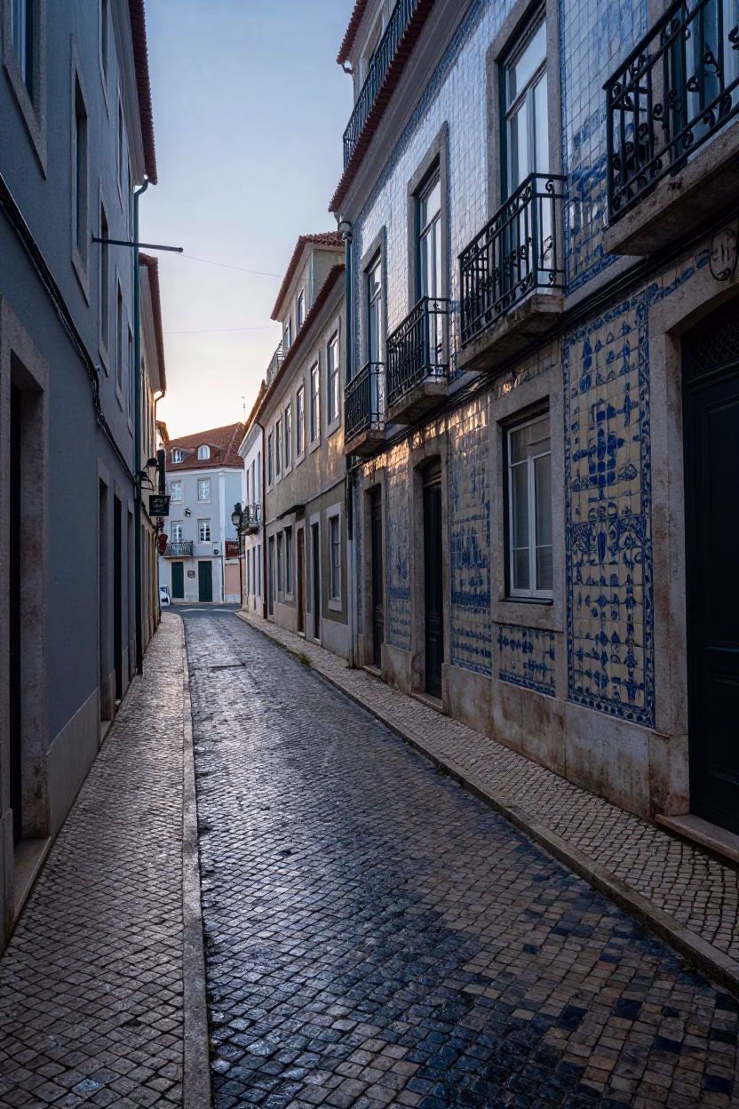 Pre-dawn Lisbon street scene with traditional azulejo tiles and historic architecture in in Lisbon, Portugal