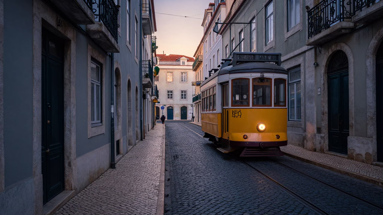 Pre-dawn Lisbon street scene with vintage 1950s aesthetic and local morning details in in Lisbon, Portugal