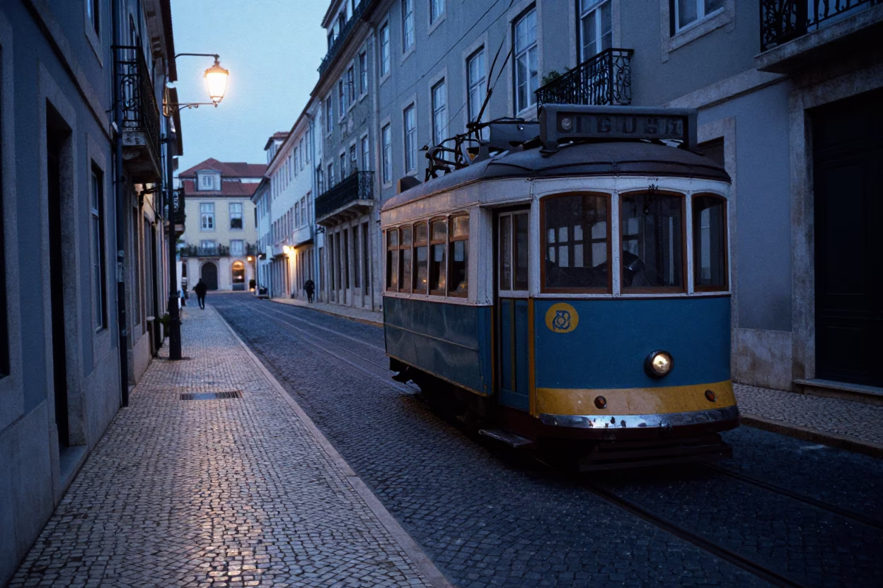 Pre-Dawn Lisbon Street Scene with Vintage Car and Tram Infrastructure in in Lisbon, Portugal