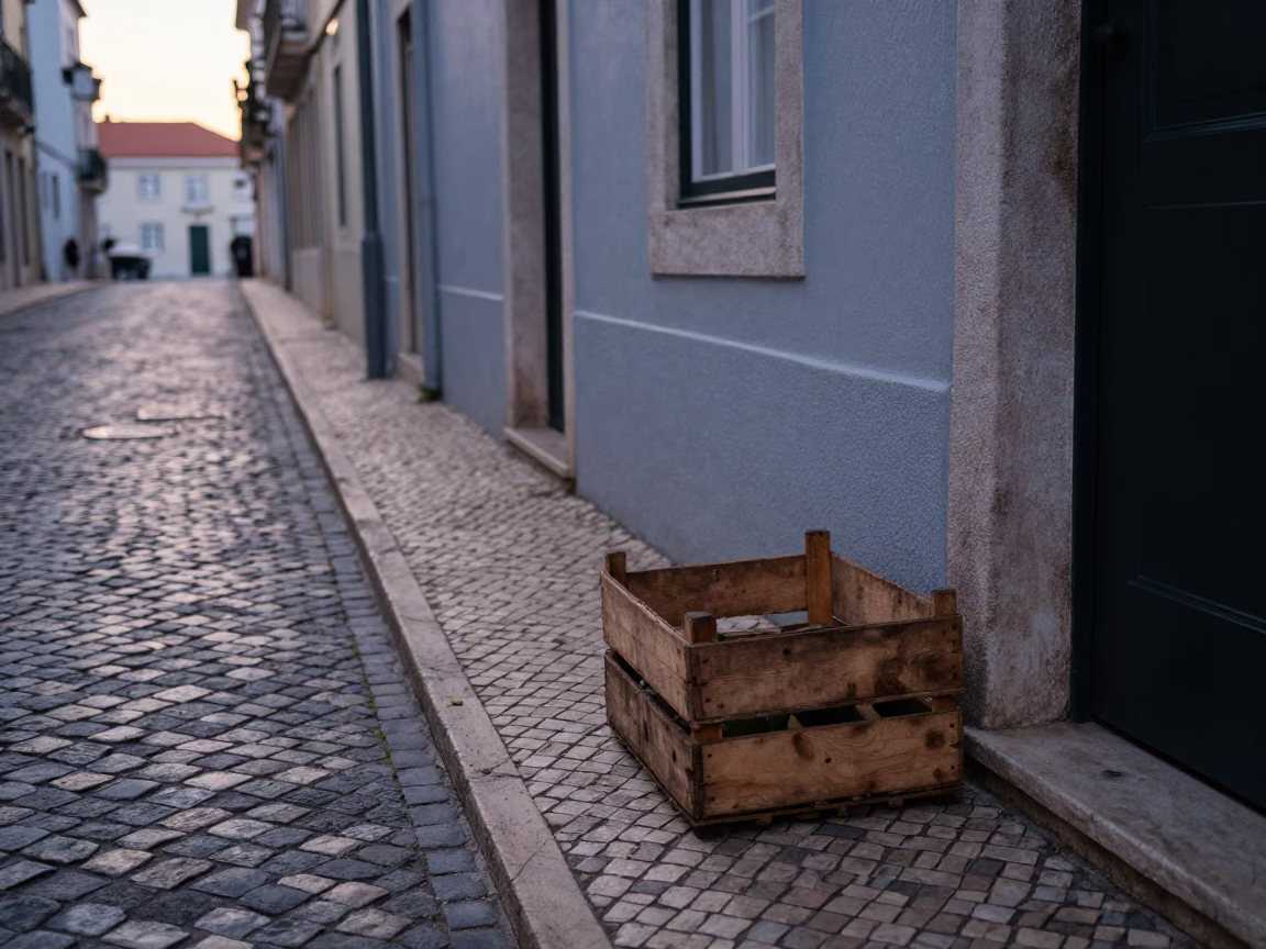 Pre-Dawn Lisbon Street Scene with Wooden Fruit Crate and Cobblestone Alleyway in in Lisbon, Portugal