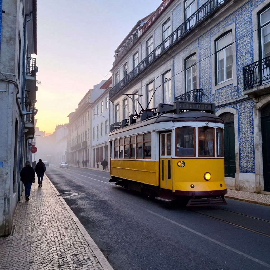Pre-Dawn Lisbon Street Scene with Yellow Tram and Historic Architecture in in Lisbon, Portugal