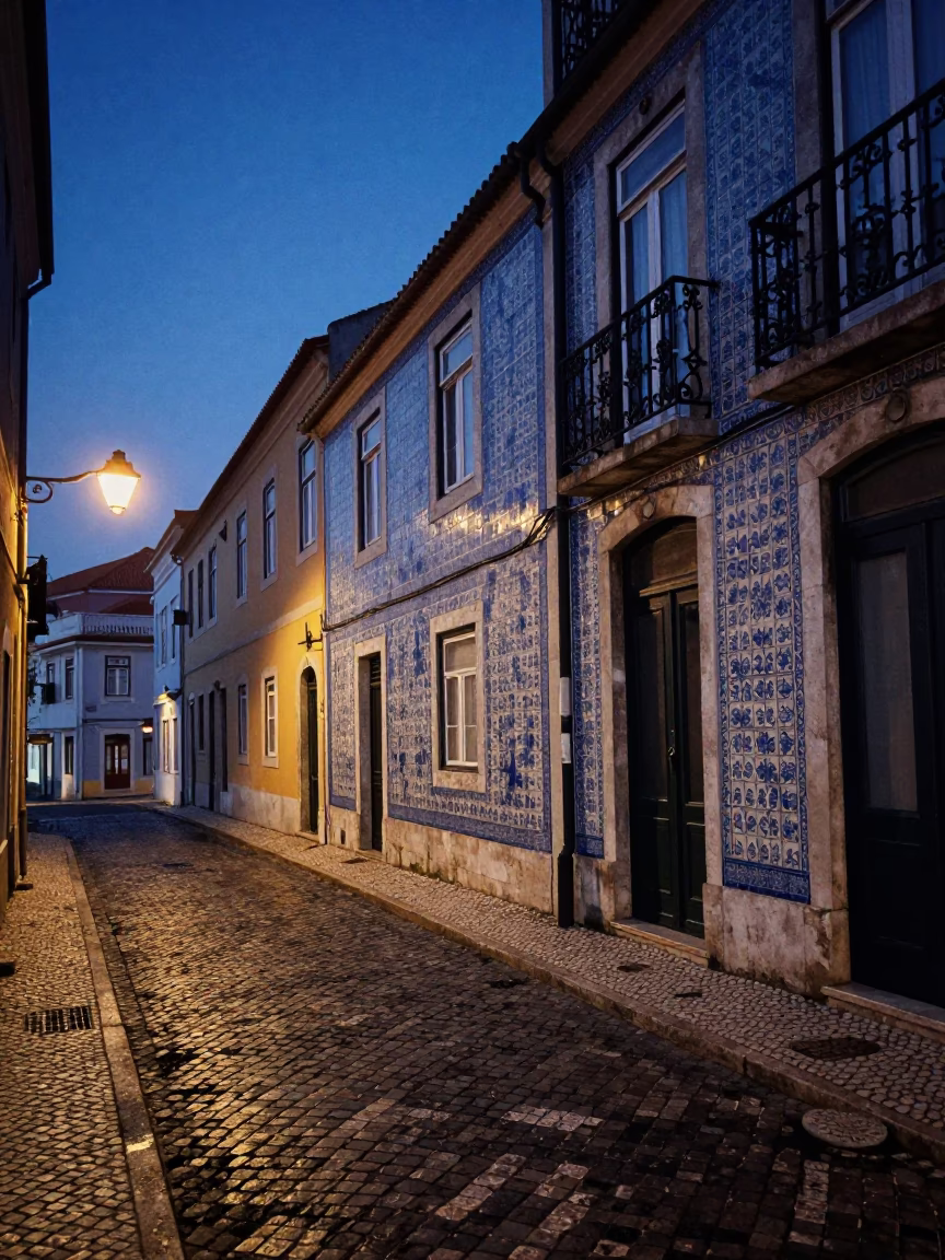 Pre-dawn Lisbon street with blue and white azulejo tiles and parked bicycles in in Lisbon, Portugal