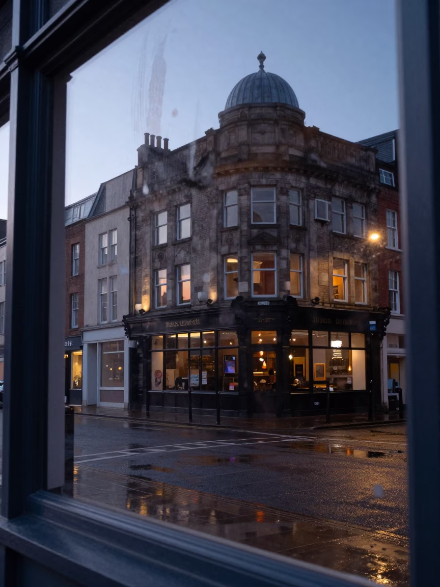 Pre-dawn Liverpool cafe window reflection with tea stains and stovetop kettle in in Liverpool, United Kingdom