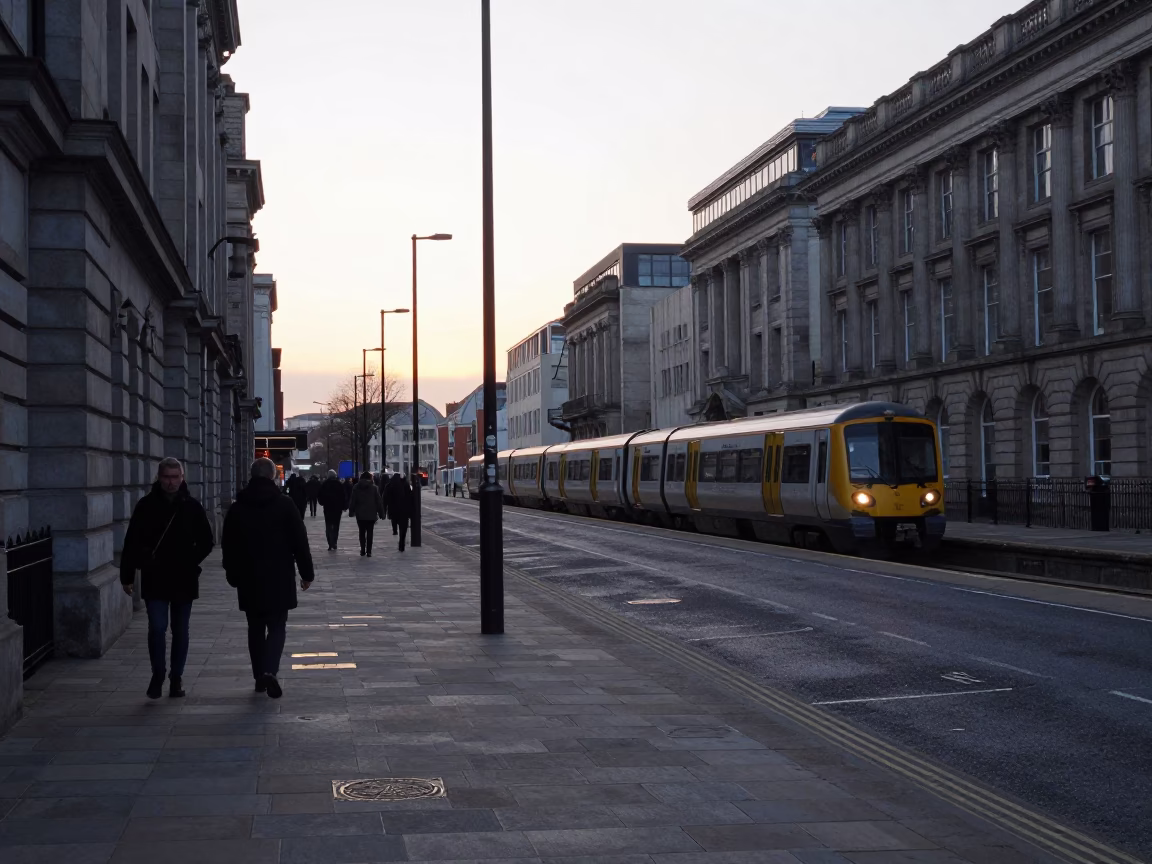 Pre-dawn Liverpool street scene with commuters and urban architecture in in Liverpool, United Kingdom