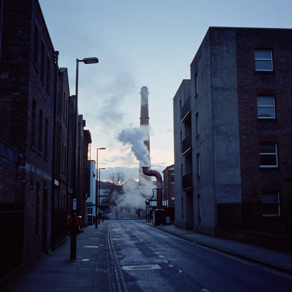 Pre-dawn Liverpool Street Scene with Steam and Brick Architecture in in Liverpool, United Kingdom