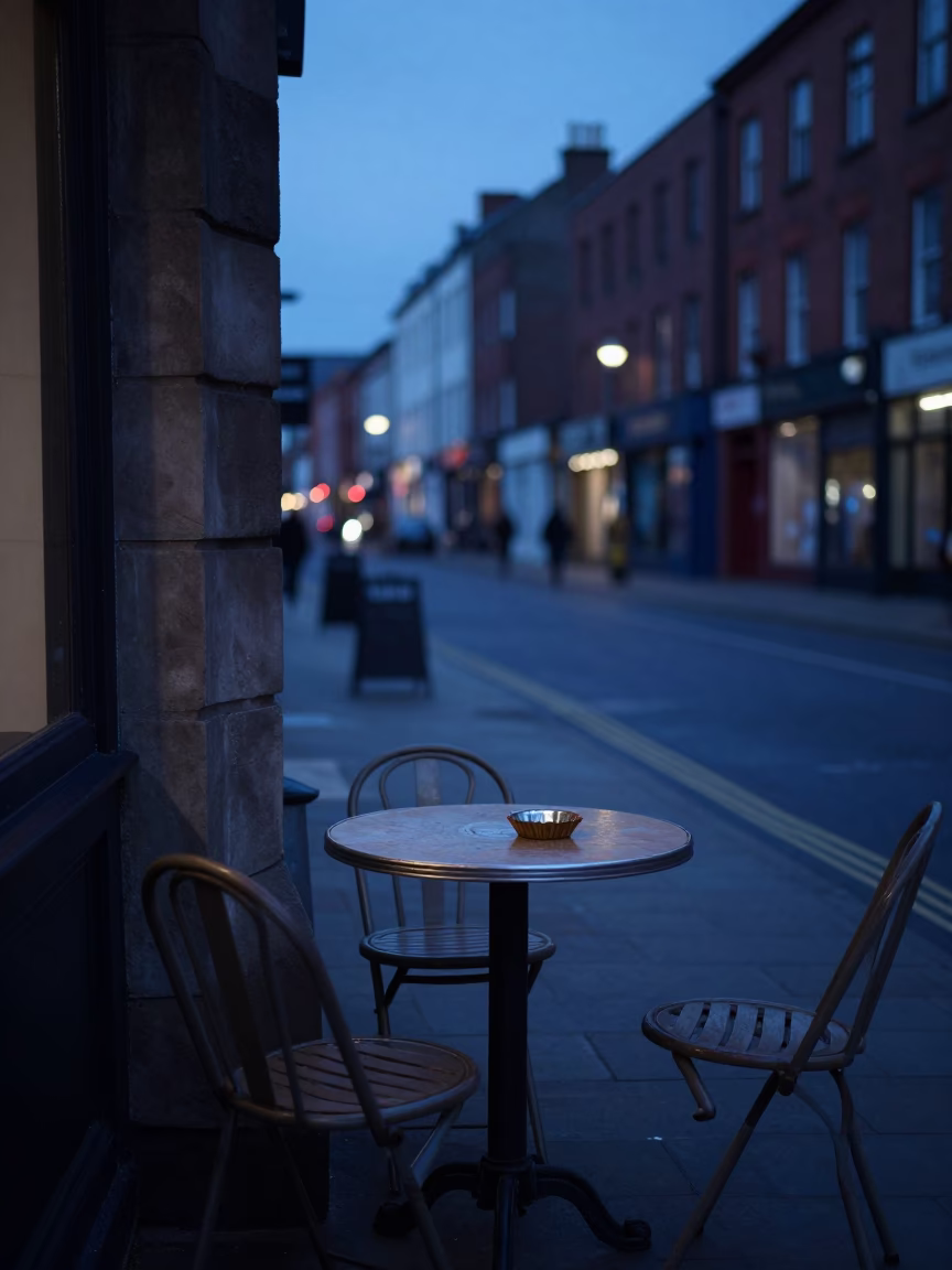 Pre-Dawn Liverpool Street Scene with Tart Tin and Mixing Jug on Empty Table in in Liverpool, United Kingdom