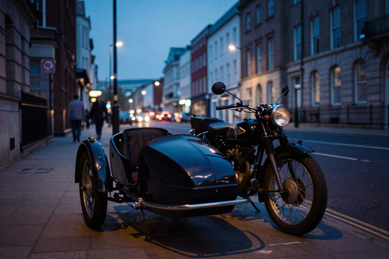 Pre-dawn Liverpool street scene with vintage motorcycle sidecar and stone architecture in in Liverpool, United Kingdom