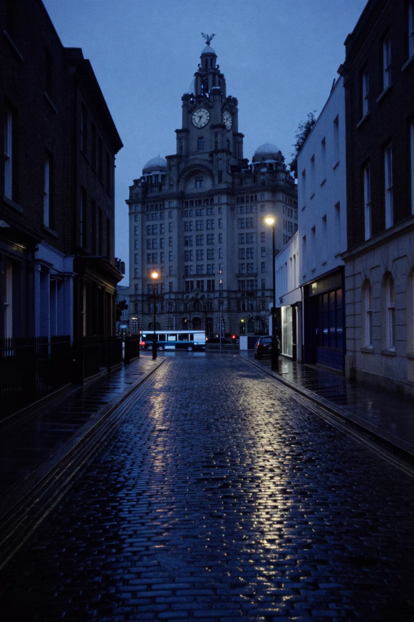 Pre-dawn Liverpool street scene with wet cobblestones and historic brick architecture in in Liverpool, United Kingdom