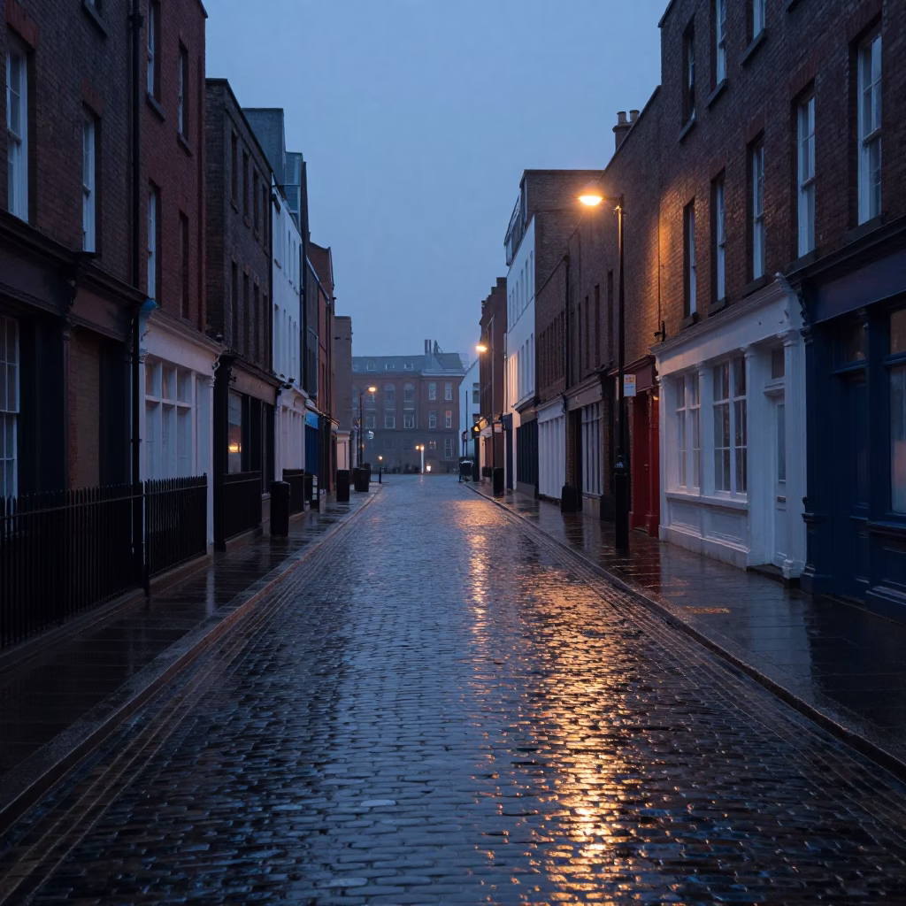 Pre-Dawn Liverpool Street Scene with Wet Pavement and Distant Bus Lights in in Liverpool, United Kingdom